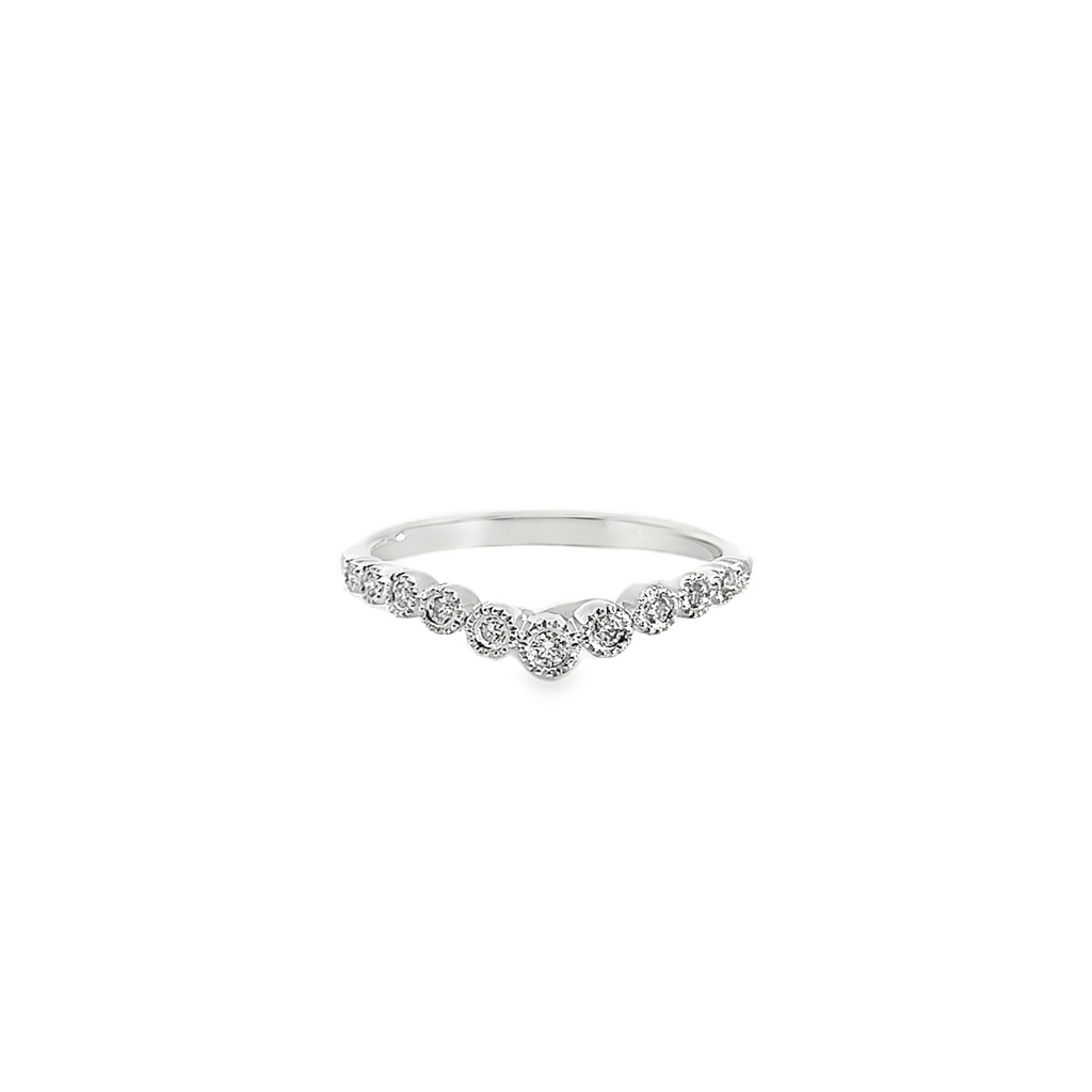 18ct white gold diamond ring featuring a curved design with graduated round settings and bead detailing.