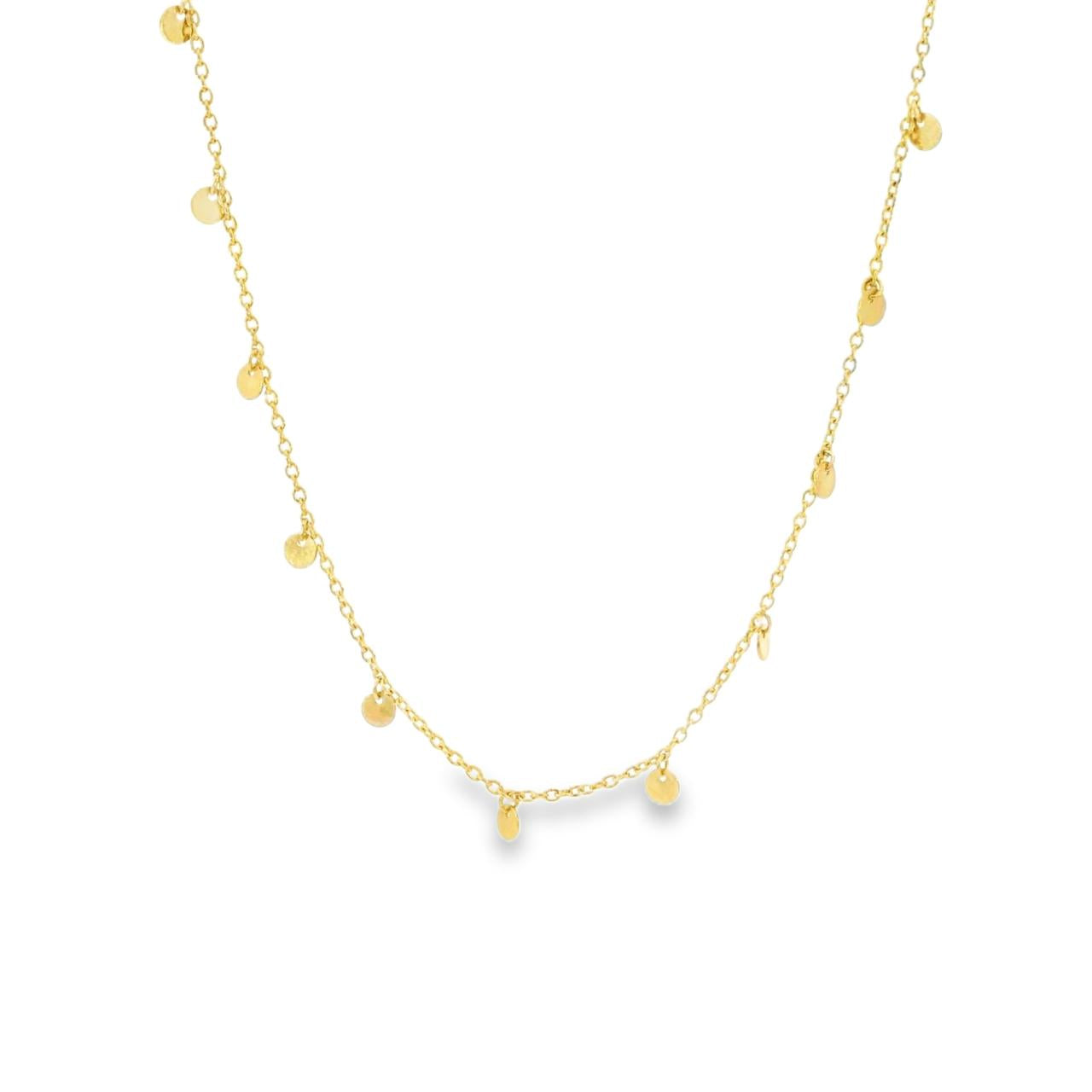 9ct yellow gold necklet featuring a trace link chain and hanging round disc drops, 45 cm in length, polished finish.
