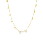 9ct yellow gold necklet featuring a trace link chain and hanging round disc drops, 45 cm in length, polished finish.
