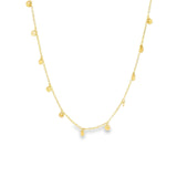 9ct yellow gold necklet featuring a trace link chain and hanging round disc drops, 45 cm in length, polished finish.
