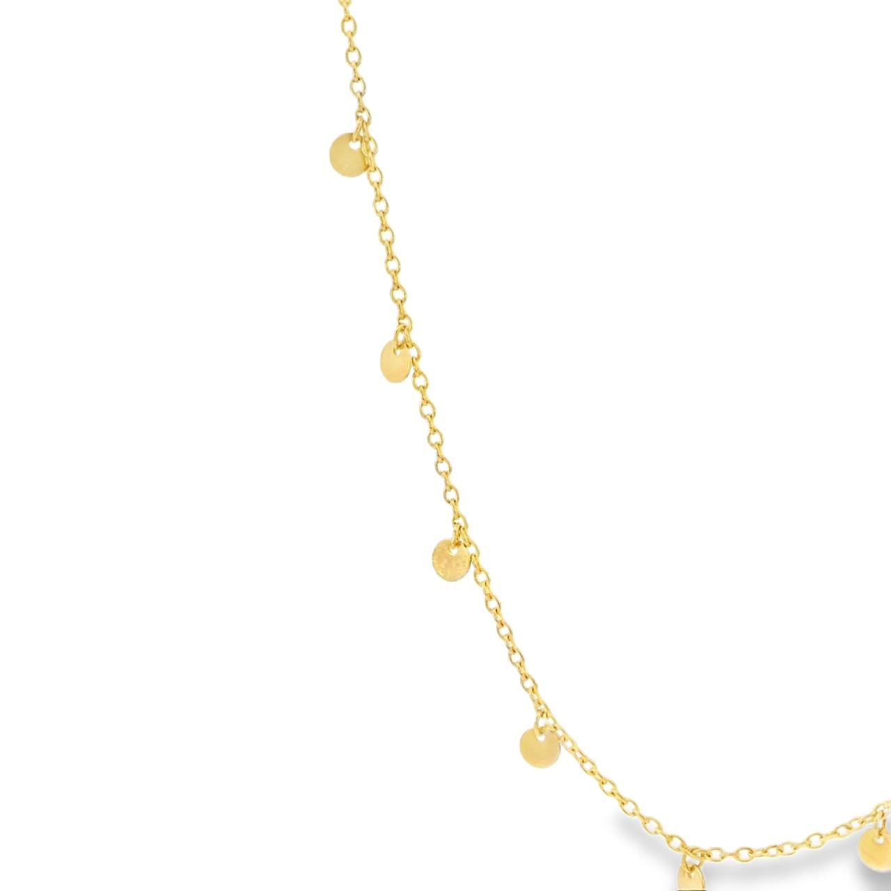 9ct yellow gold necklet featuring a trace link chain and hanging round disc drops, 45 cm in length, polished finish.
