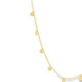 9ct yellow gold necklet featuring a trace link chain and hanging round disc drops, 45 cm in length, polished finish.
