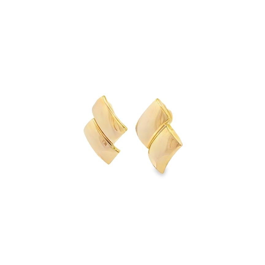 9 ct yellow gold stud earrings with a double-offset curved rectangular design (13 × 10 mm), featuring post and butterfly fittings.
