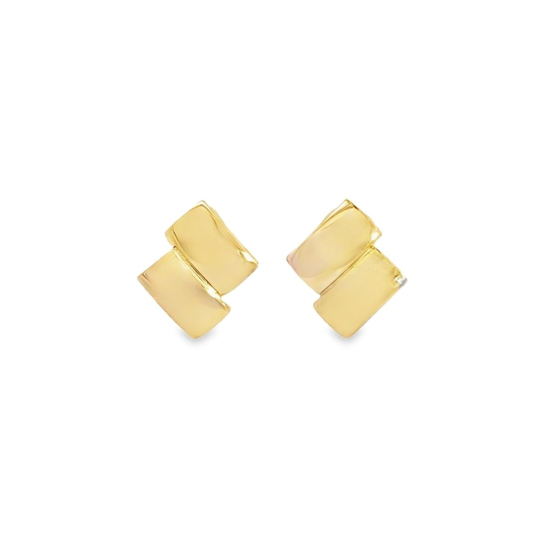 9 ct yellow gold stud earrings with a double-offset curved rectangular design (13 × 10 mm), featuring post and butterfly fittings.
