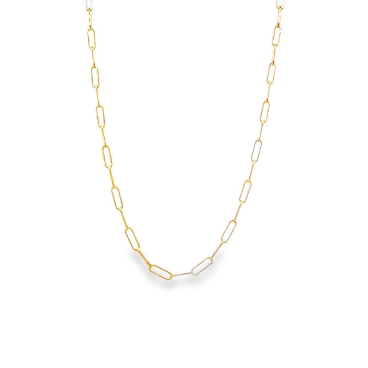 9ct yellow gold elongated oval paperclip link necklet with parrot clasp, 2.10 mm wide, 45 cm long.