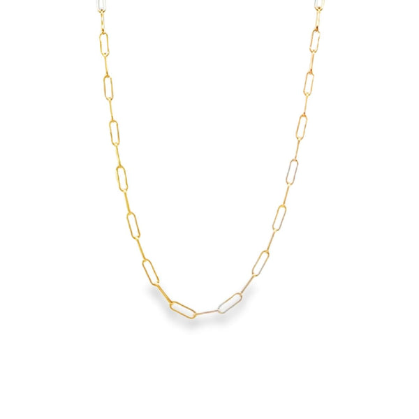 9ct yellow gold elongated oval paperclip link necklet with parrot clasp, 2.10 mm wide, 45 cm long.