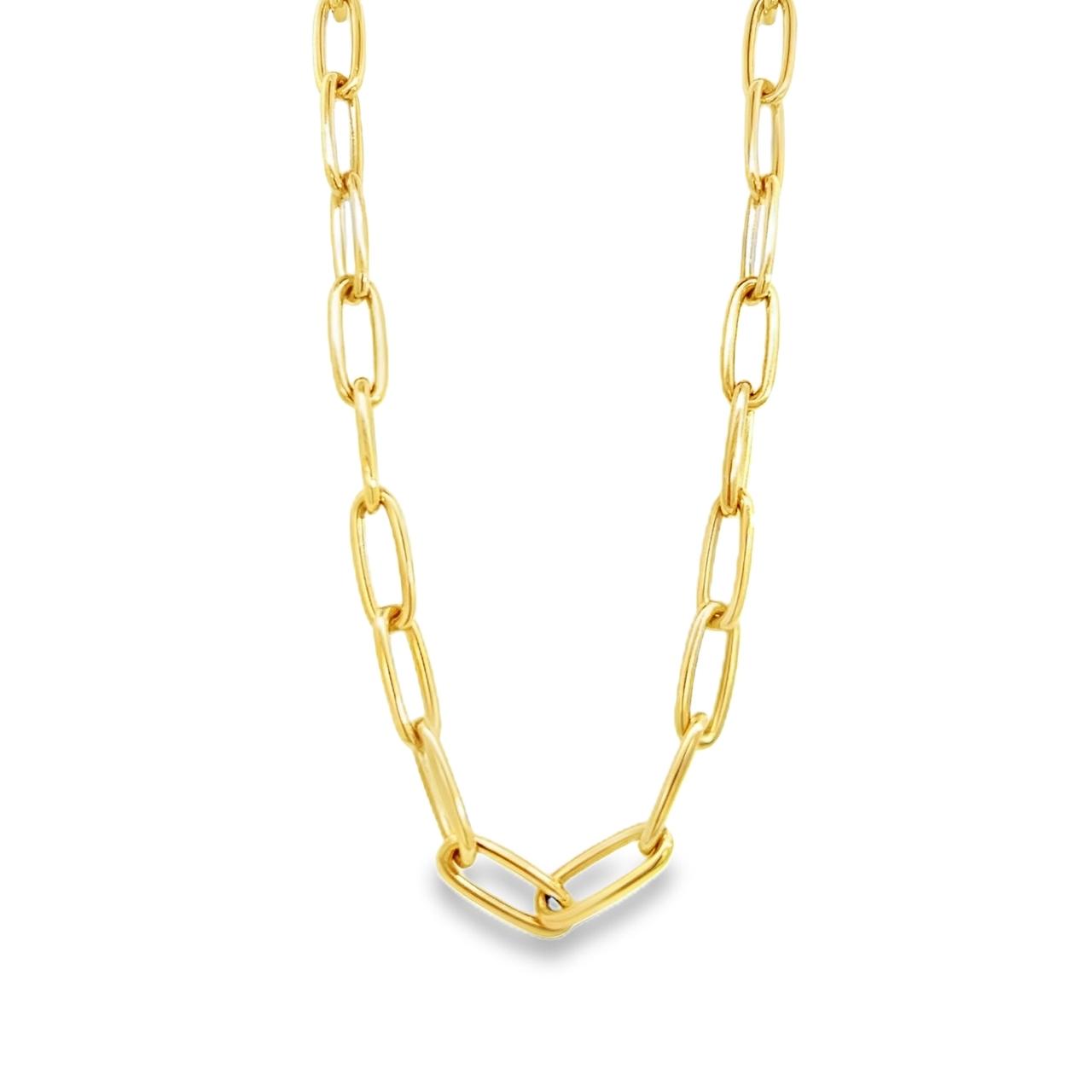 9ct yellow gold elongated paperclip link necklet with parrot clasp, 45cm length.