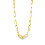 9ct yellow gold elongated paperclip link necklet with parrot clasp, 45cm length.