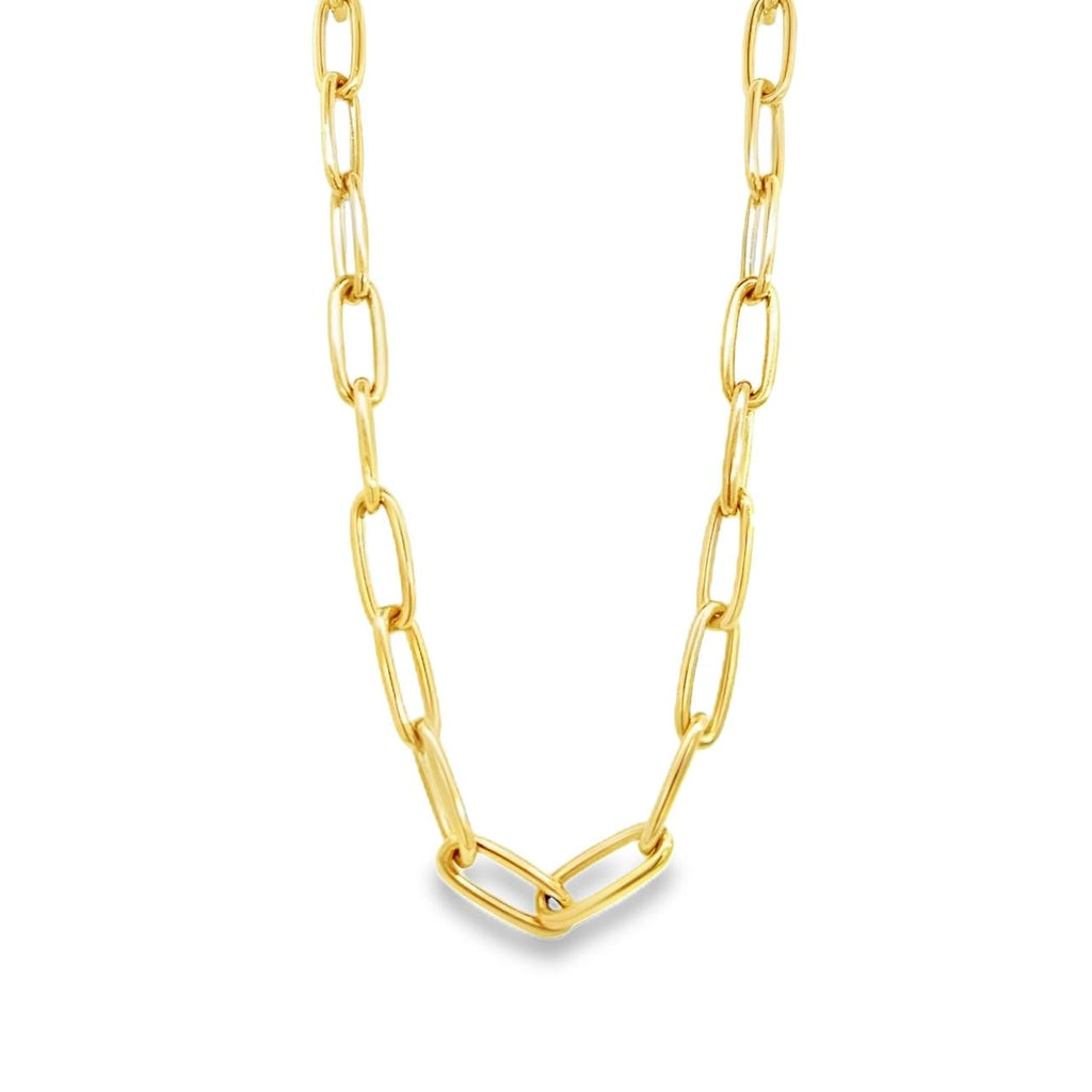 9ct yellow gold elongated paperclip link necklet with parrot clasp, 45cm length.