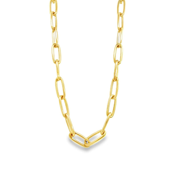 9ct yellow gold elongated paperclip link necklet with parrot clasp, 45cm length.