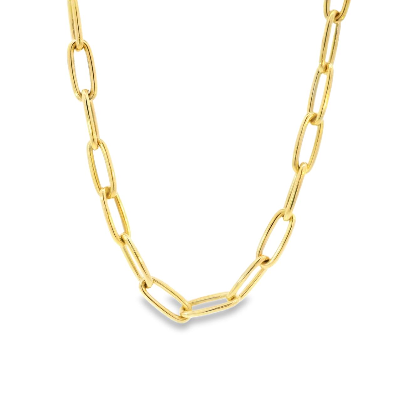 9ct yellow gold elongated paperclip link necklet with parrot clasp, 45cm length.