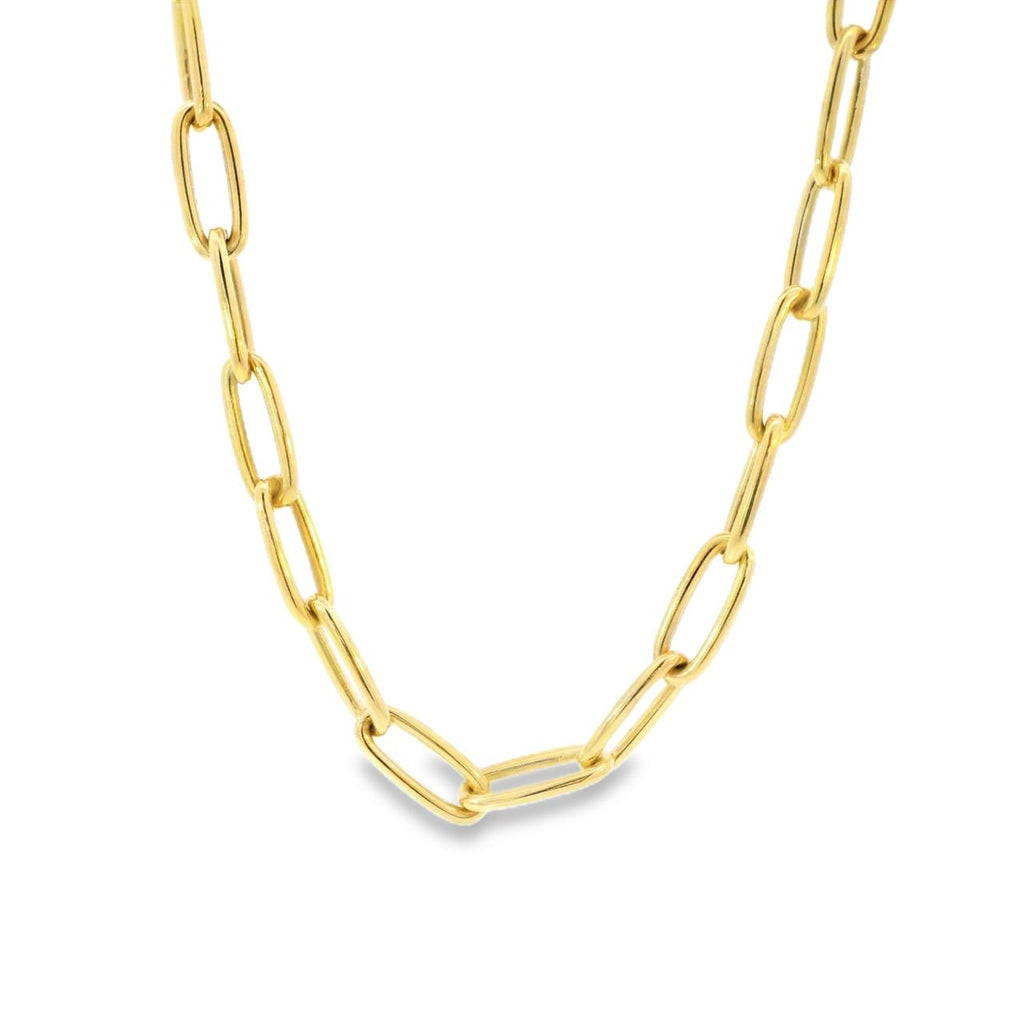 9ct yellow gold elongated paperclip link necklet with parrot clasp, 45cm length.