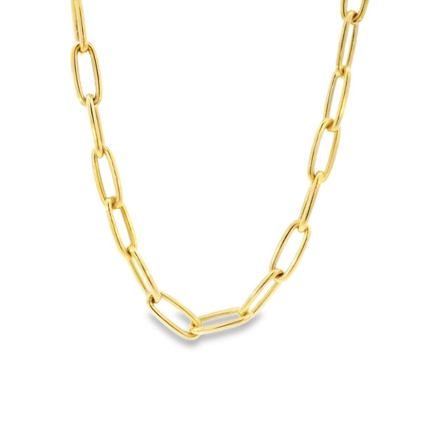 9ct yellow gold elongated paperclip link necklet with parrot clasp, 45cm length.