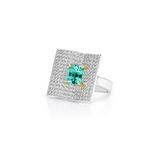 Platinum emerald and diamond ring featuring a 2.93ct emerald-cut centre stone with pavé diamond open book–style surround.
