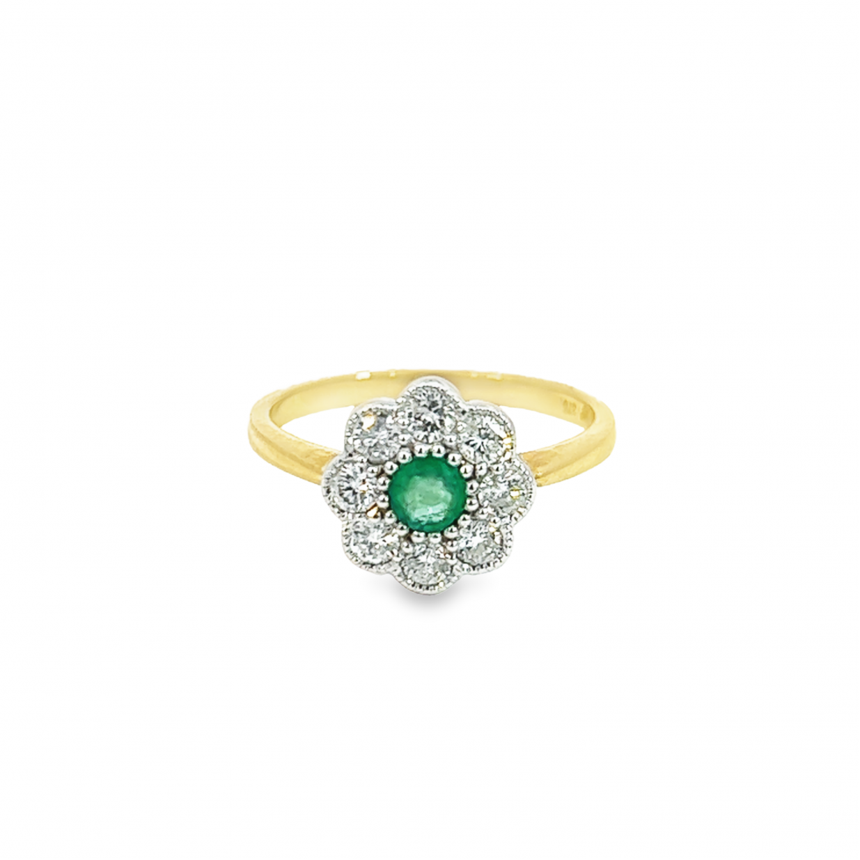 9ct yellow and white gold emerald and diamond ring featuring a round emerald surrounded by eight diamonds in a classic posy-style floral cluster design.