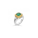 18ct ring featuring a 1.40ct square emerald-cut emerald with trapezoid side diamonds and a halo of yellow and white round brilliant cut diamonds.