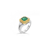 18ct ring featuring a 1.40ct square emerald-cut emerald with trapezoid side diamonds and a halo of yellow and white round brilliant cut diamonds.