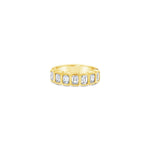 18ct yellow gold diamond ring featuring seven emerald cut diamonds in a straight row bezel setting across the top.