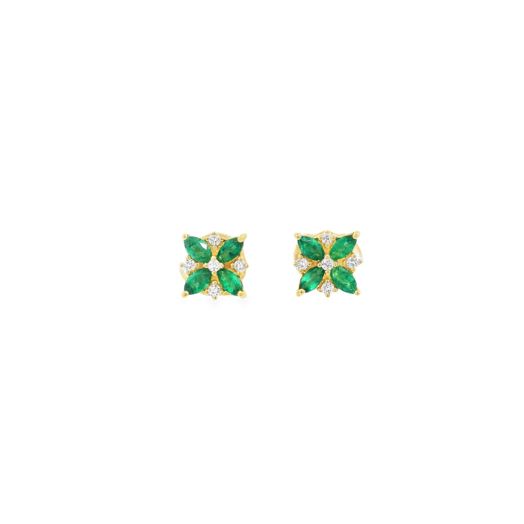 18ct yellow gold stud earrings featuring a flower design with four marquise-cut emeralds and five round brilliant cut diamonds, post and butterfly fittings.