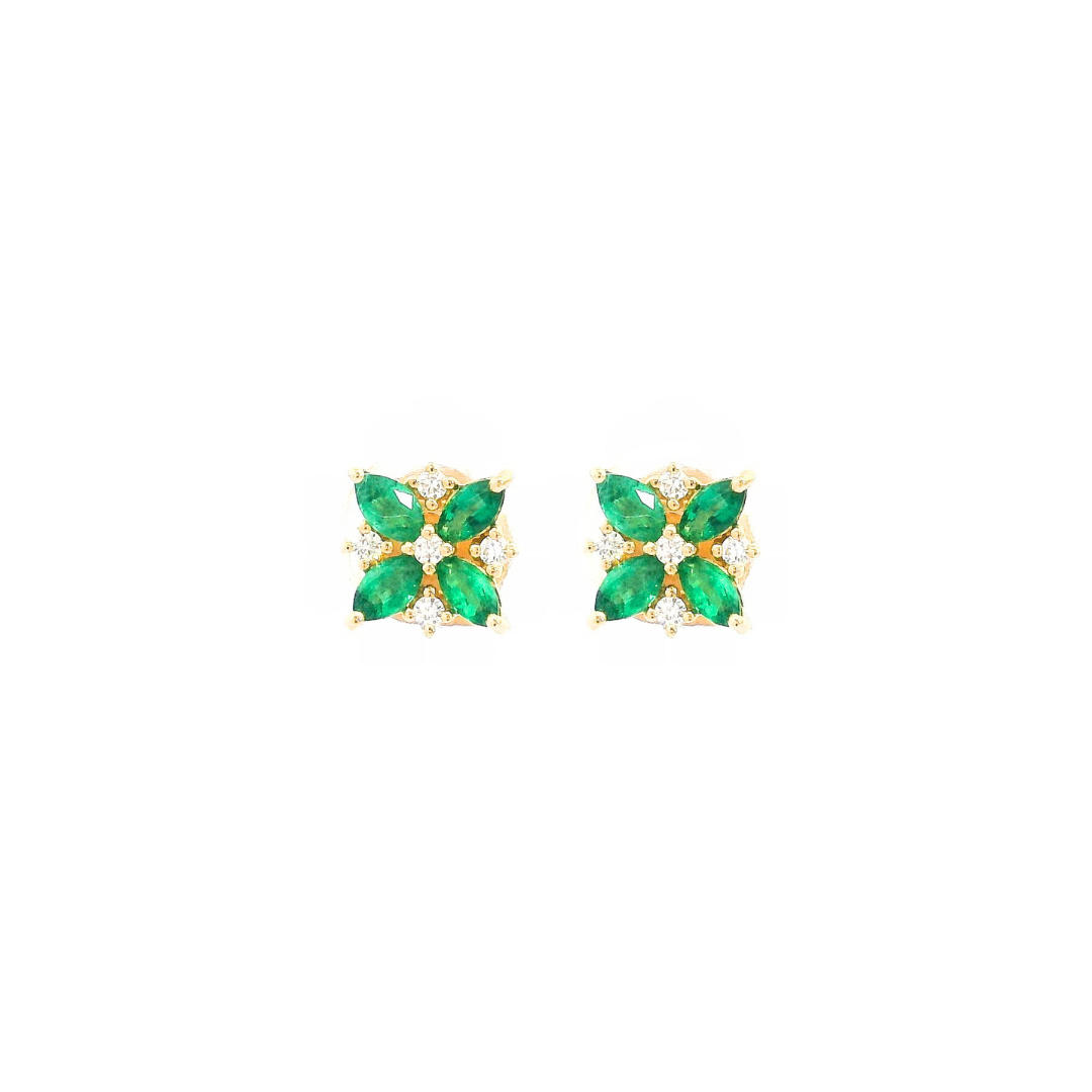 18ct yellow gold stud earrings featuring a flower design with four marquise-cut emeralds and five round brilliant cut diamonds, post and butterfly fittings.