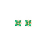 18ct yellow gold stud earrings featuring a flower design with four marquise-cut emeralds and five round brilliant cut diamonds, post and butterfly fittings.