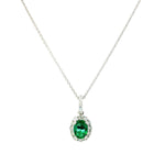 18ct white gold emerald and diamond pendant with oval emerald and halo design