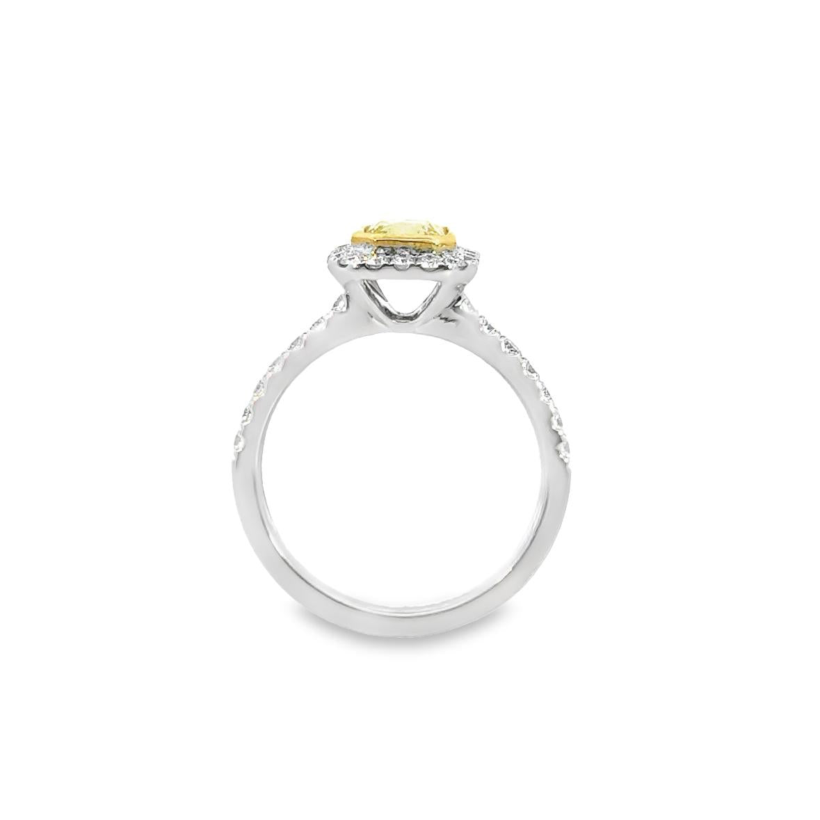 Two-tone 18ct yellow and white gold diamond ring with a 1.01ct Fancy Intense Yellow centre diamond and diamond cluster surround.