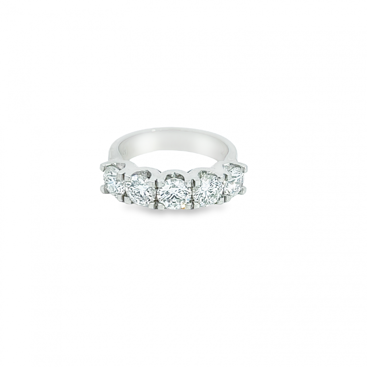 Platinum five-stone diamond ring featuring five GIA-certified round brilliant cut diamonds totalling 2.01 carats, set in classic claws with a scalloped V-shaped undercarriage.