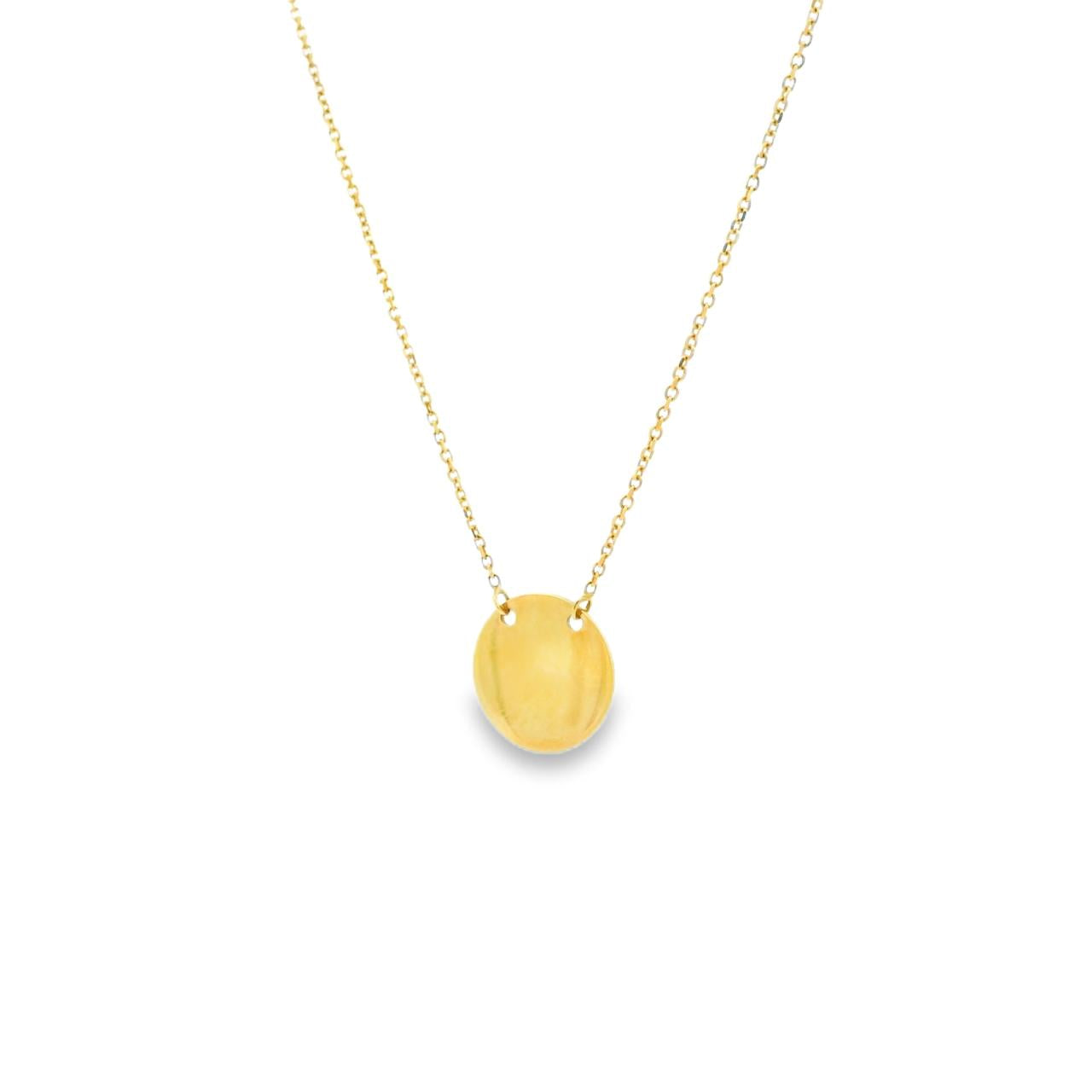 18ct yellow gold necklet featuring a circular flat disc pendant on a 45cm fine trace link chain, polished finish.