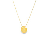 18ct yellow gold necklet featuring a circular flat disc pendant on a 45cm fine trace link chain, polished finish.