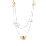 9ct white and rose gold necklet featuring alternating polished and brushed flower and star-shaped discs spaced along a 66cm trace chain.