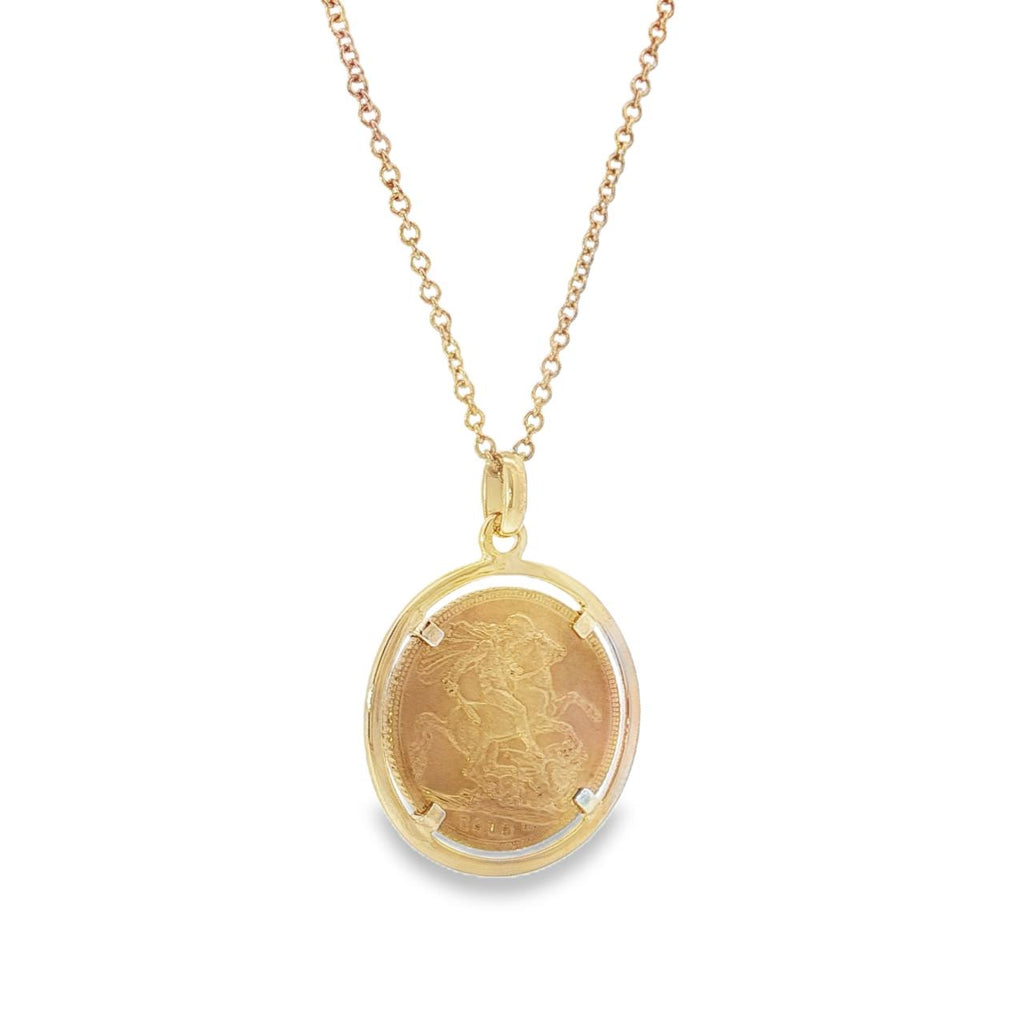 9ct yellow gold pendant featuring a 1913 full English Sovereign coin in a four-tab circular rim setting with articulated pendant runner.