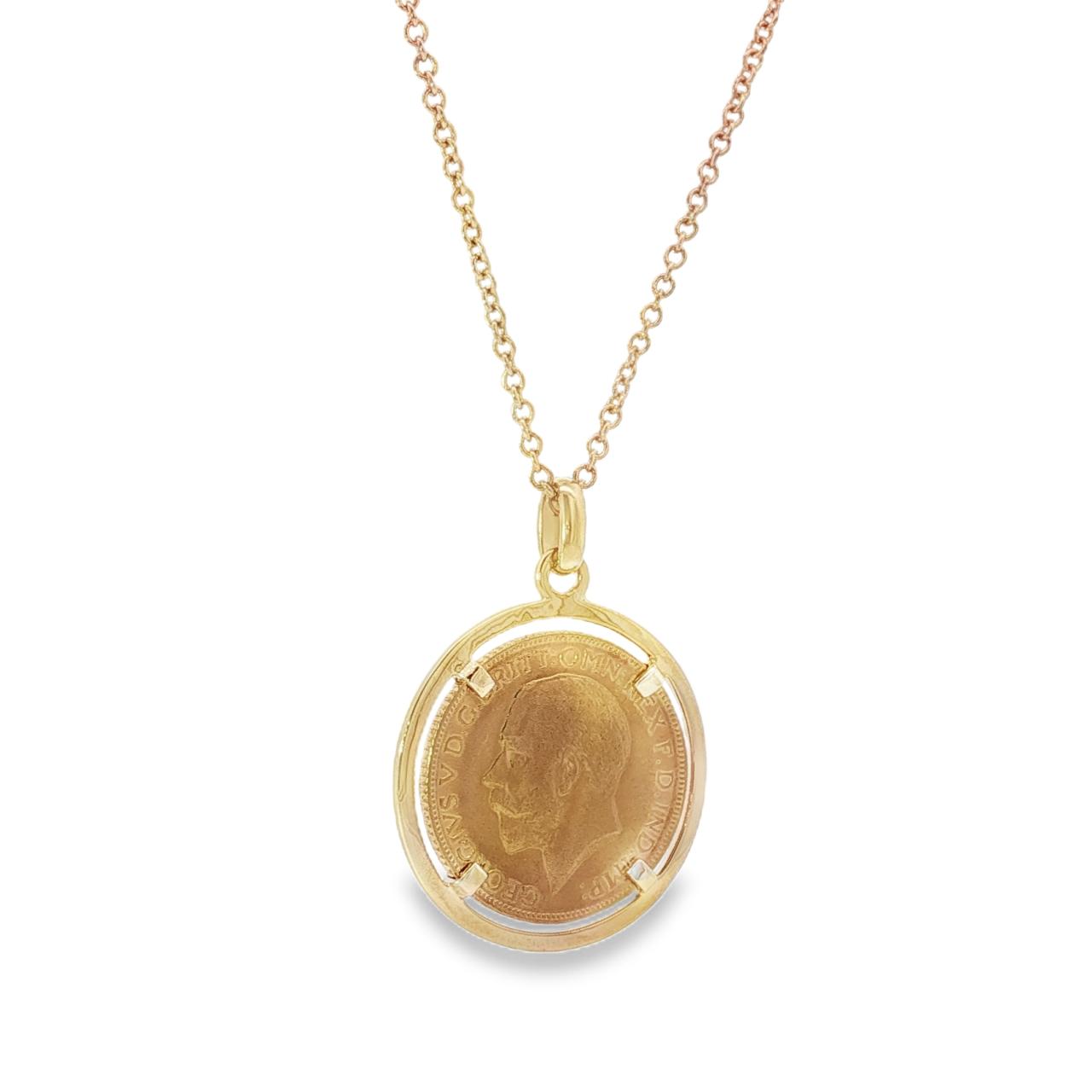 9ct yellow gold pendant featuring a 1913 full English Sovereign coin in a four-tab circular rim setting with articulated pendant runner.