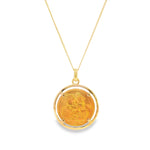9ct yellow gold pendant featuring a 1913 full English Sovereign coin in a four-tab circular rim setting with articulated pendant runner.