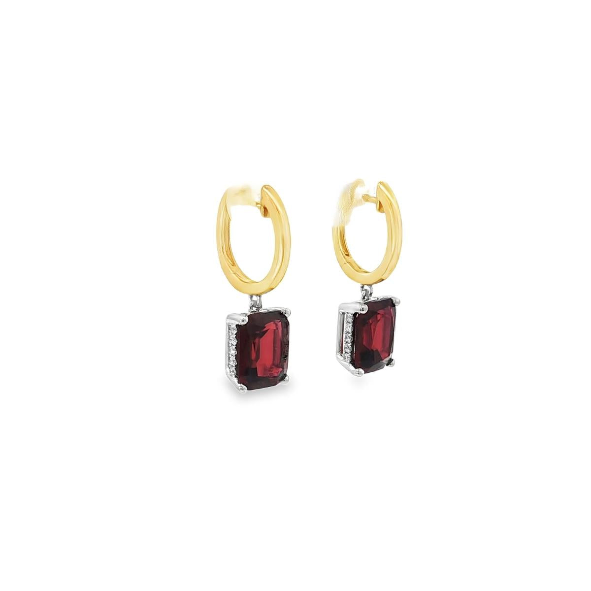 18ct yellow and white gold garnet and diamond drop earrings with emerald cut red garnets and diamond accents