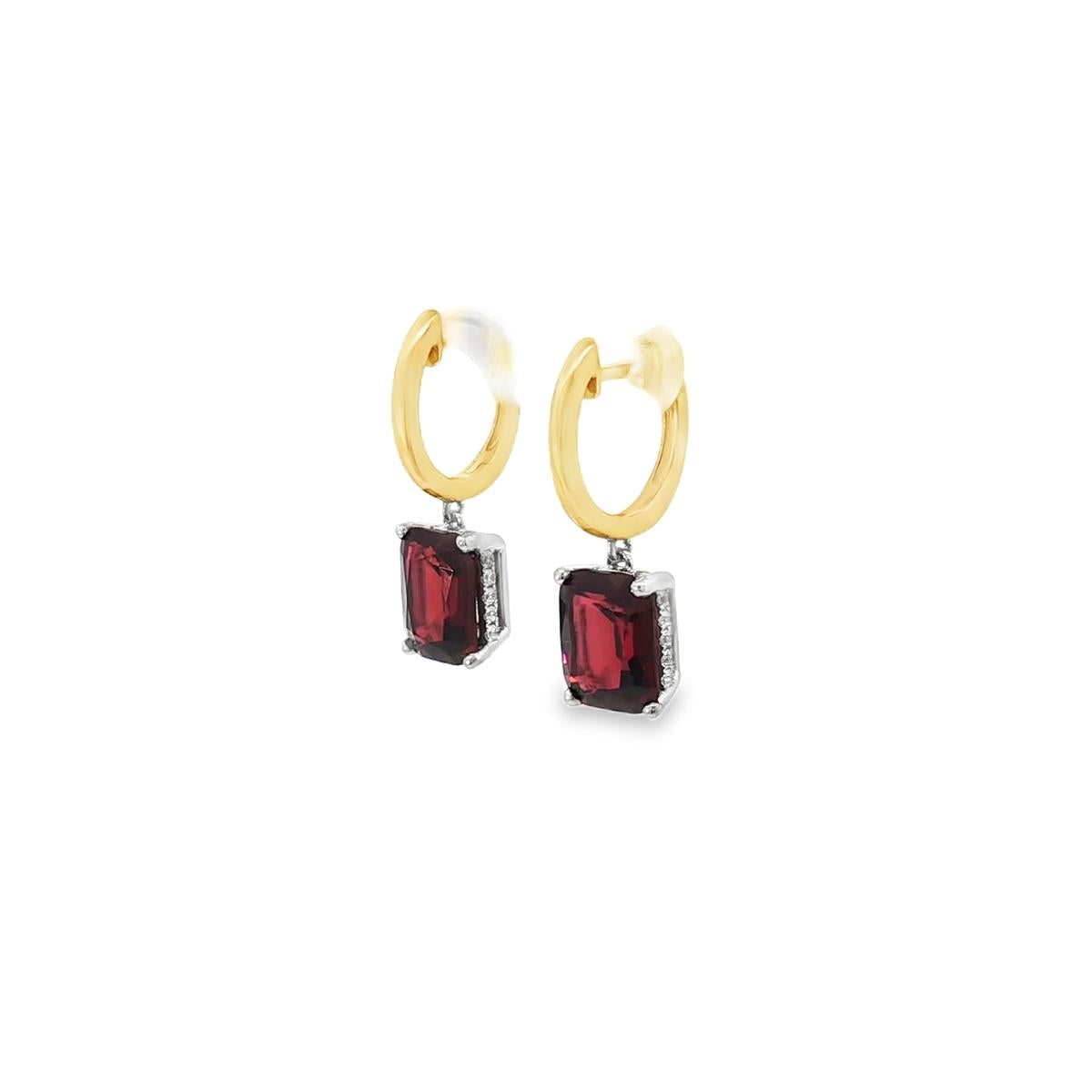 18ct yellow and white gold garnet and diamond drop earrings with emerald cut red garnets and diamond accents