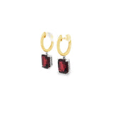 18ct yellow and white gold garnet and diamond drop earrings with emerald cut red garnets and diamond accents
