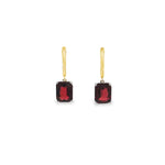 18ct yellow and white gold garnet and diamond drop earrings with emerald cut red garnets and diamond accents