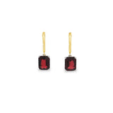 18ct yellow and white gold garnet and diamond drop earrings with emerald cut red garnets and diamond accents