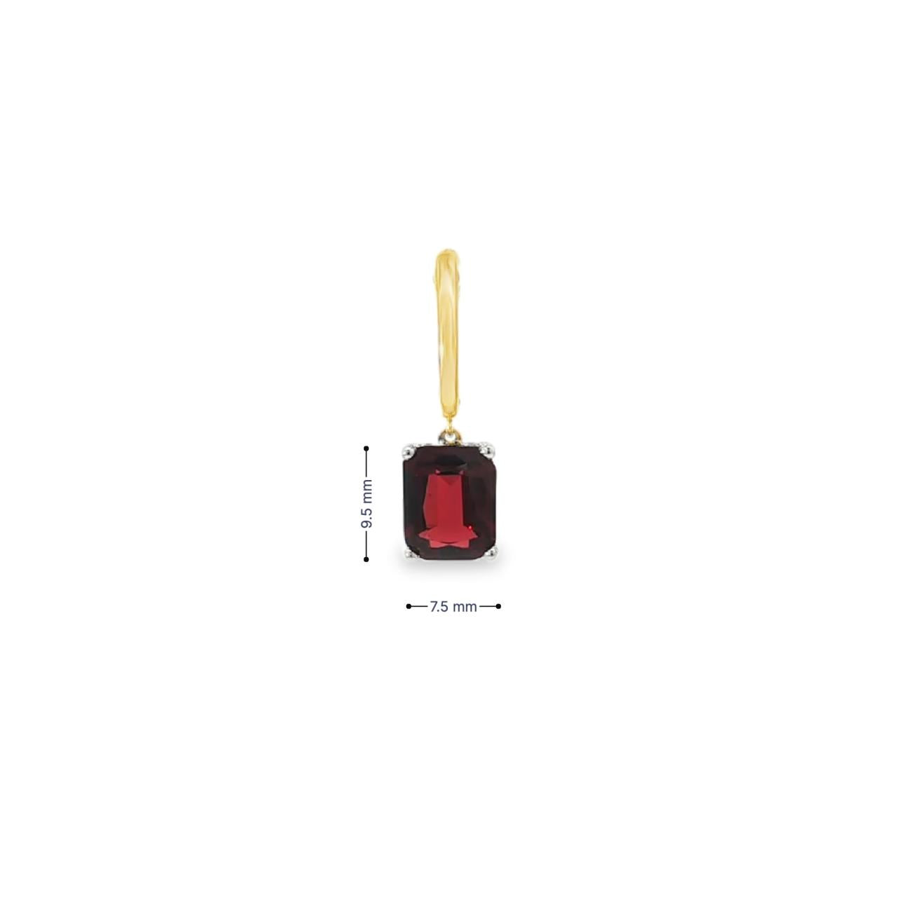 18ct yellow and white gold garnet and diamond drop earrings with emerald cut red garnets and diamond accents