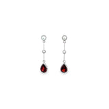 9ct white gold drop earrings featuring seed pearl accents and pear-shaped garnet drops with stud fittings and articulated bar design.