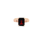 9ct rose gold ring featuring a 10x8mm emerald-cut garnet in a four-claw setting on a polished rose gold band.