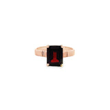 9ct rose gold ring featuring a 10x8mm emerald-cut garnet in a four-claw setting on a polished rose gold band.