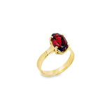 9ct yellow gold ring featuring a 12x7mm oval-cut garnet in a four-claw setting on a polished yellow gold band.