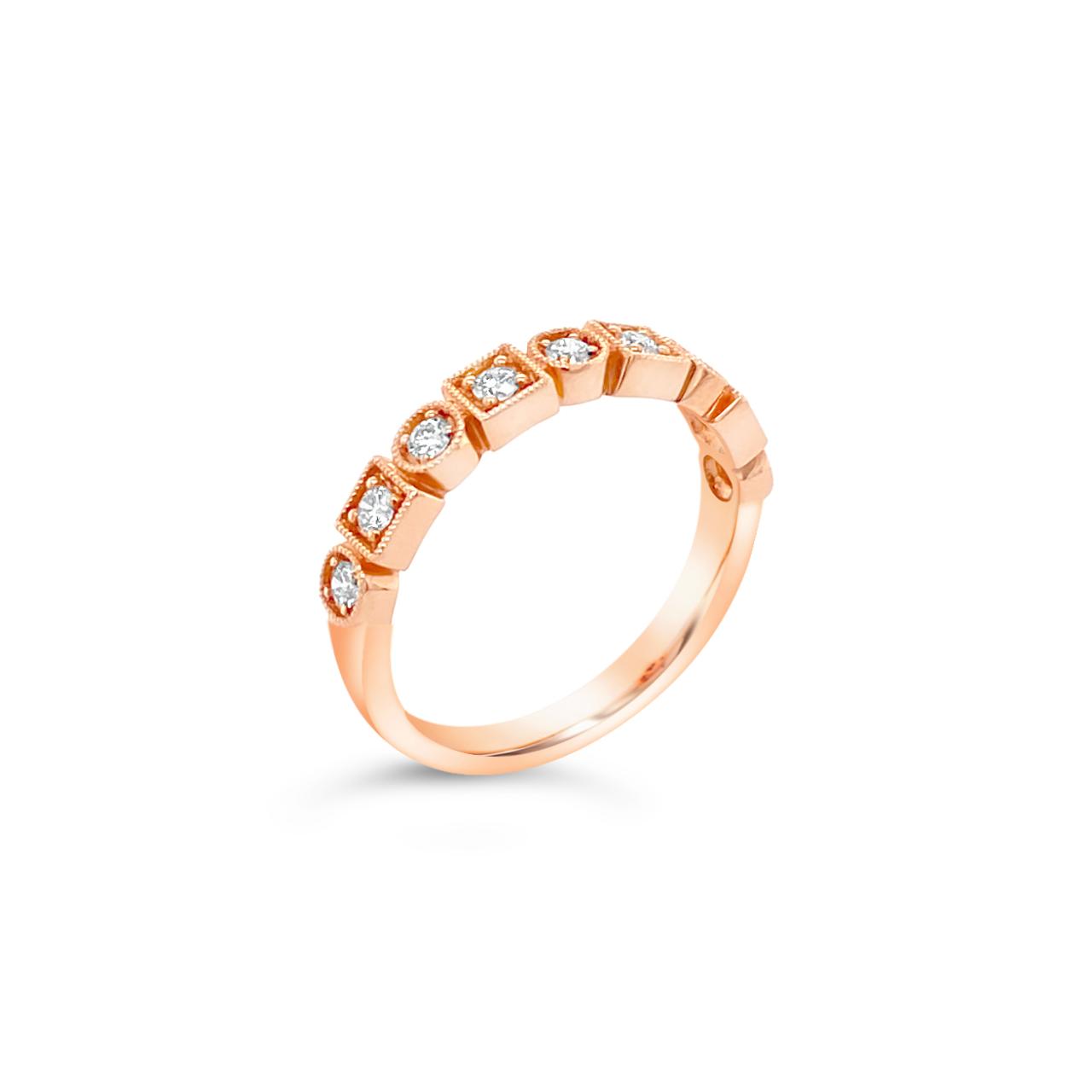 18ct rose gold diamond ring featuring nine round brilliant cut diamonds totalling 0.23ct in alternating round and square-shaped settings across the top.