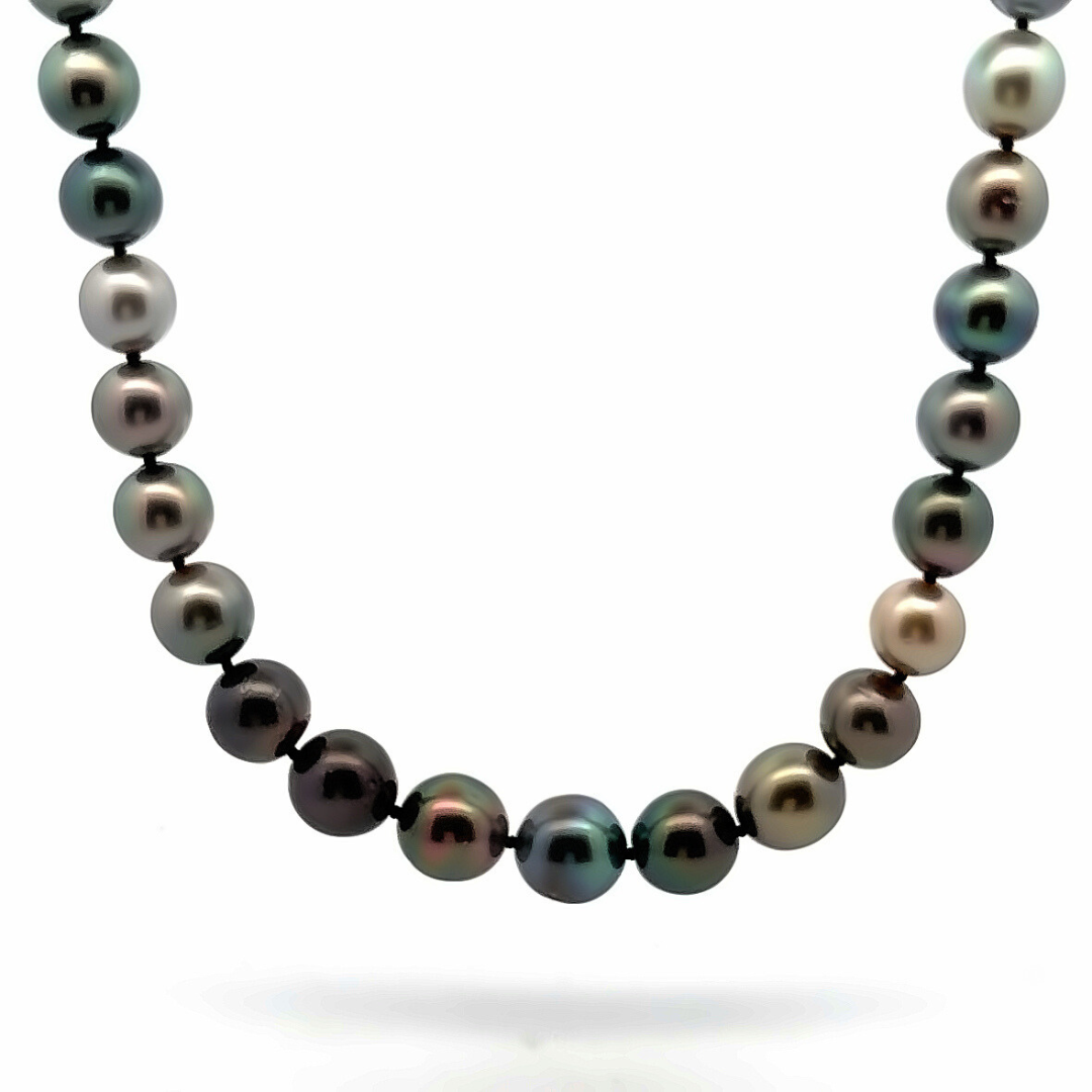 Strand of forty-one graduated Tahitian pearls ranging from 8.60mm to 10.85mm, dark silver to deep purple-green tones, finished with an 18ct yellow and white gold diamond-set clasp.