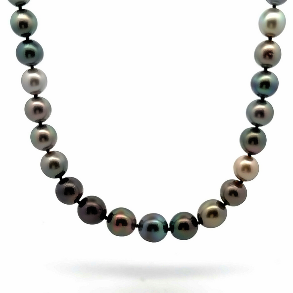 Strand of forty-one graduated Tahitian pearls ranging from 8.60mm to 10.85mm, dark silver to deep purple-green tones, finished with an 18ct yellow and white gold diamond-set clasp.