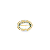 18ct yellow gold ring featuring a 4.13ct oval cabochon green quartz in a horizontal bezel setting with a diamond halo cluster in white gold.
