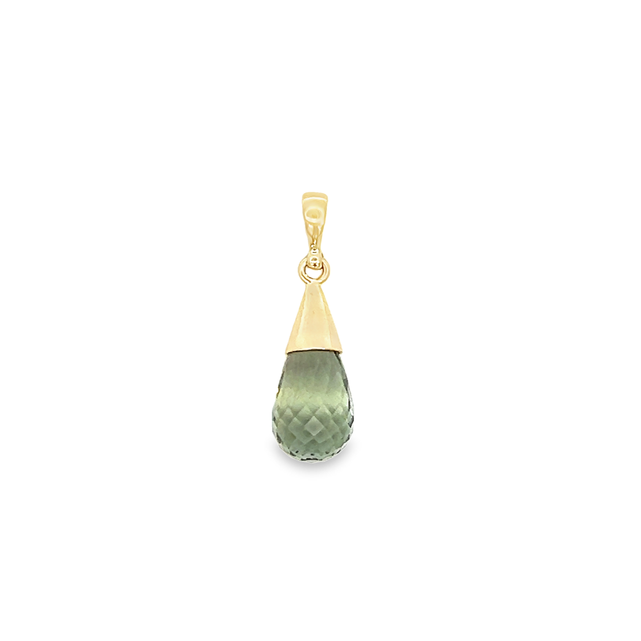 9ct yellow gold pendant featuring a facetted briolette-cut green quartz with a conical cap setting, open back, and articulated pendant runner for graceful movement.
