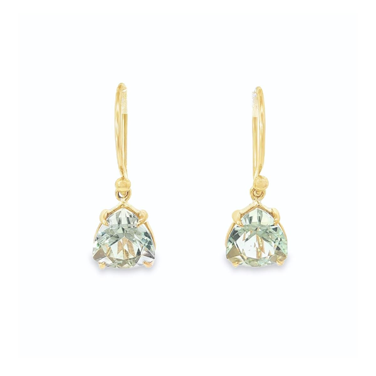 9ct yellow gold green quartz drop earrings with tri cut gemstones and hook fittings